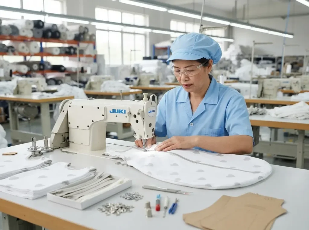 This showcases the precision sewing craftsmanship at our Chinese baby textile factory. Our skilled workers utilize professional-grade JUKI sewing machines for meticulous stitching on baby sleeping bags. Every stitch adheres to strict quality standards, ensuring uniform, durable seams that meet international requirements. As a dedicated OEM/ODM provider, we deliver comprehensive manufacturing solutions for global brands.