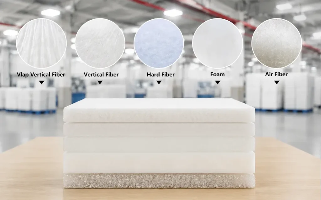 Infant mattress five-core material display showcases VLAP vertical fiber, vertical fiber, hard fiber, foam, air fiber. Bottom shows small samples while top displays material characteristics. Multiple options meeting diverse support requirements. We provide professional OEM customization supporting core selection, thickness adjustment, and firmness customization comprehensive services.