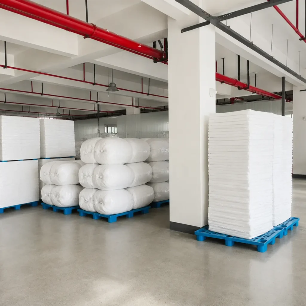 Infant mattress factory finished product display showcases left rolled stacking and right flat stacking demonstrating multiple storage and transportation methods. Finished products uniform specifications with stable reliable quality. We provide professional OEM customization supporting specification customization, packaging solutions, and logistics delivery comprehensive production services.