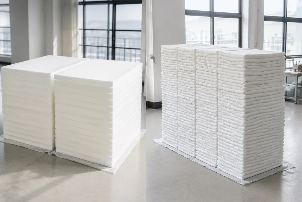 Infant mattress core materials and finished product display showcase professional-grade cores on left with neatly stacked finished mattresses on right. High-quality core materials perfectly combine with fine craftsmanship. We provide professional OEM customization supporting core selection, thickness specifications, and technique optimization comprehensive customization services.