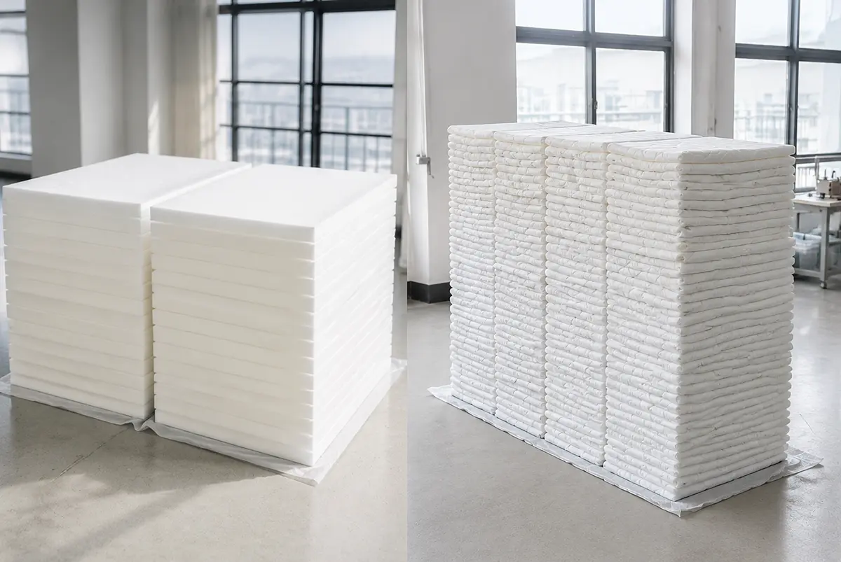 Infant mattress core materials and finished product display showcase professional-grade cores on left with neatly stacked finished mattresses on right. High-quality core materials perfectly combine with fine craftsmanship. We provide professional OEM customization supporting core selection, thickness specifications, and technique optimization comprehensive customization services.