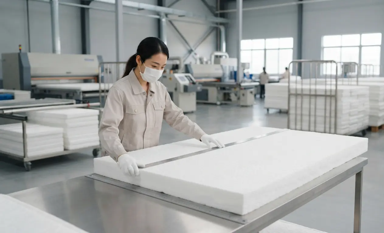 Our advanced Chinese baby mattress manufacturing facility demonstrates state-of-the-art production standards. A trained technician in protective workwear carefully inspects and processes mattress components on precision equipment. The modern facility features sophisticated machinery for quality control, material handling, and assembly operations. As a professional OEM/ODM manufacturer, we deliver customized, high-quality baby mattress solutions meeting rigorous international safety and comfort specifications for global brands.