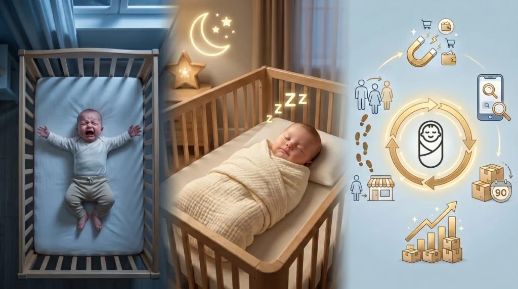 Our swaddle sleep sack marketing asset illustrates how a properly swaddled infant transitions from distress to peaceful, restorative sleep. Our advanced baby textile factory in China develops specialized fabrics that promote healthy infant sleep cycles.