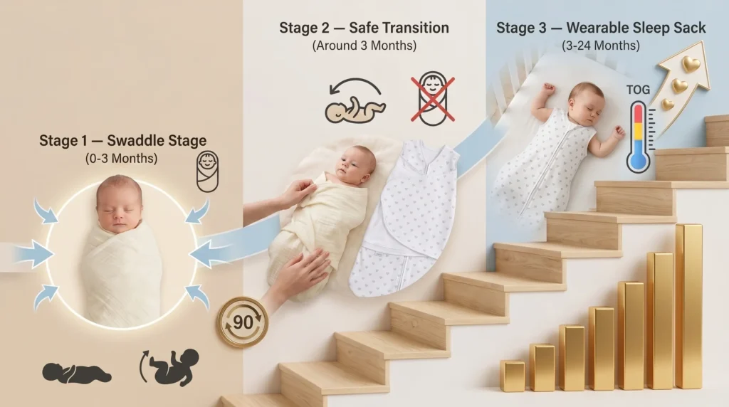 Our multi-stage swaddle sleep sack growth model charts the optimal three-step transition from newborn wrapping to a full wearable blanket. Our baby textile factory in China manufactures every component to ensure precise structural longevity.