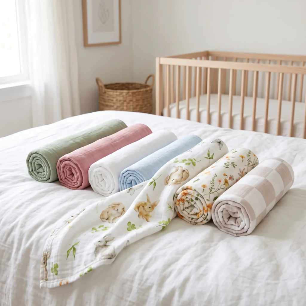 Our lightweight muslin swaddle rolls showcase an array of sophisticated pastel solids and whimsical woodland prints. Our prominent baby textile factory in China utilizes eco-friendly, non-toxic dyes that remain exceptionally soft on sensitive infant skin.