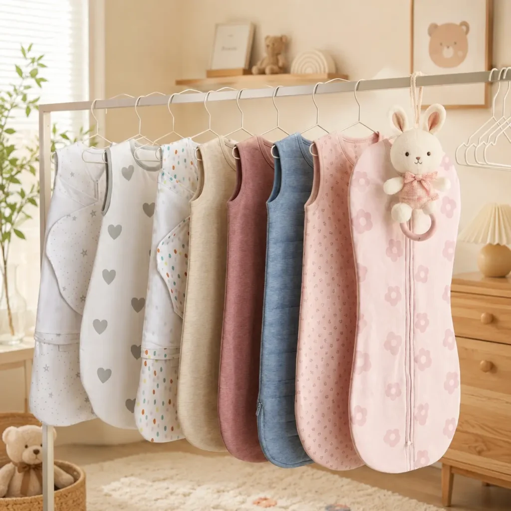 Our commercial showroom display highlights a diverse collection of the sleep sack for baby line, neatly arranged by color palettes and functional zipper layouts. Our baby textile factory in China supports low MOQ production runs to facilitate rapid retail testing.