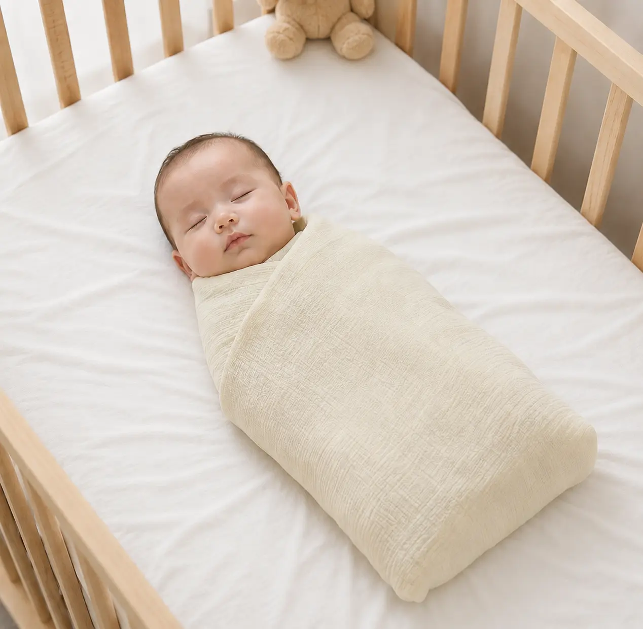 Our muslin cotton swaddle envelops the infant in a secure, uniform layout that completely eliminates loose fabric hazards in the crib. Our baby textile factory in China ensures all materials pass rigorous breathability and tension tests.