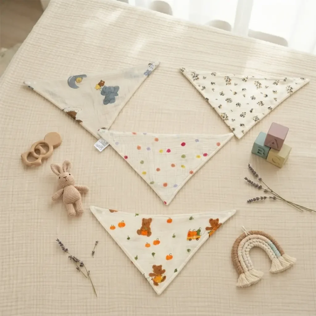 Muslin bib application display paired with wooden toys and natural baby care products. Multi-functional design meets daily baby needs. We provide OEM customization supporting product design, specification customization, and material selection comprehensive customization services.