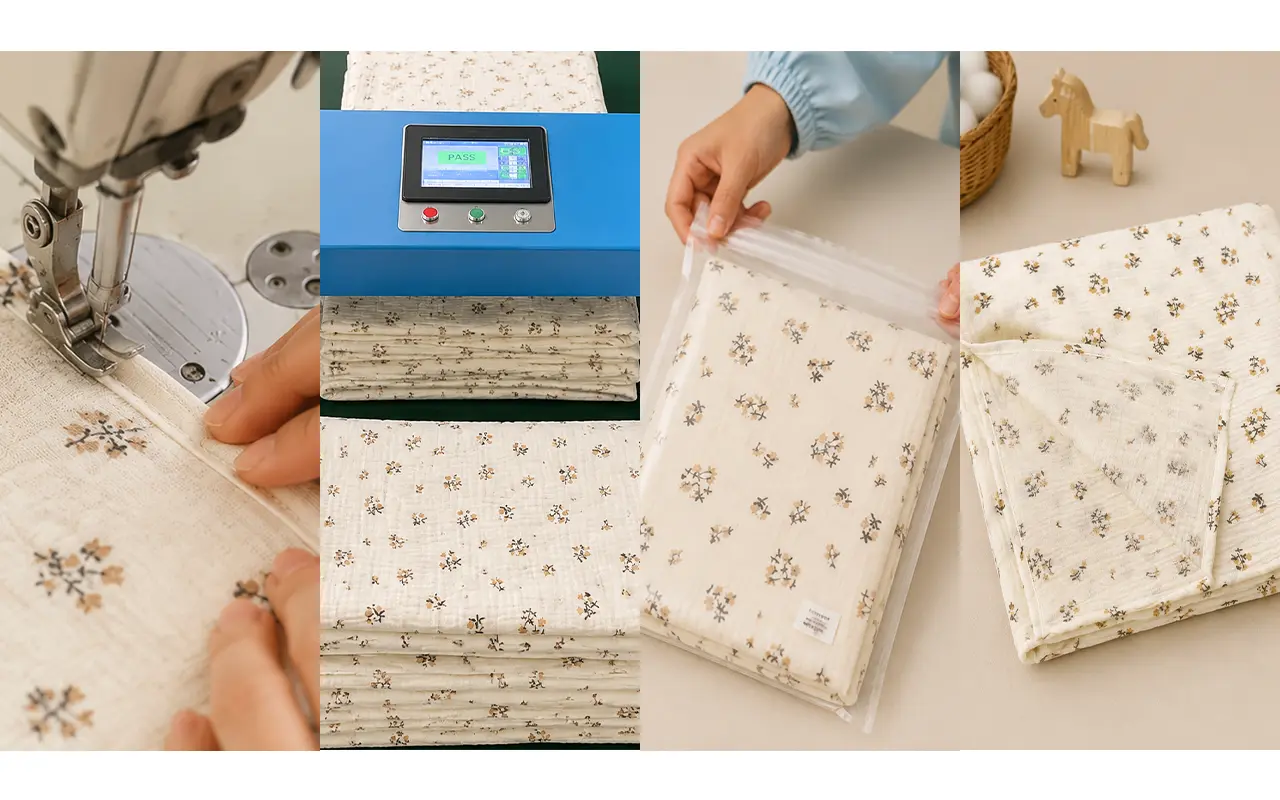 Muslin product quality inspection process display including sewing, machine testing, and hand-feel assessment. Strict quality control ensures product quality. We provide OEM customization supporting quality standards, inspection procedures, and quality assurance comprehensive control options.