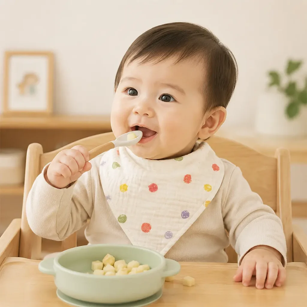 Baby wearing muslin bib during feeding display showcasing soft strong water-absorption. Cute warm print design. We provide OEM customization supporting bib specifications, design style, and safety standard multi-dimensional customization services.