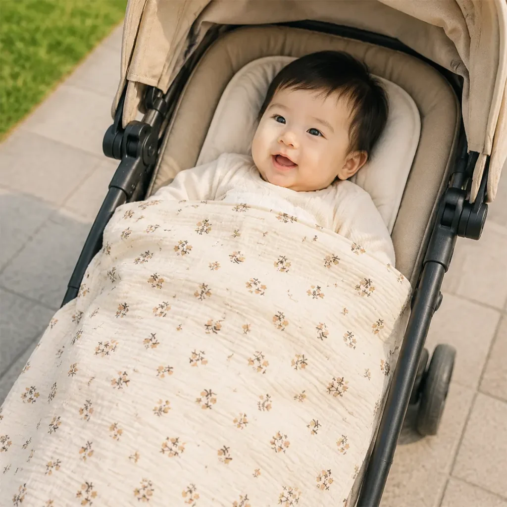 Baby using muslin blanket in stroller display showing warm comfort. Cute warm print design. We provide OEM customization supporting stroller-suitable product specifications, design customization, and quality assurance comprehensive services.