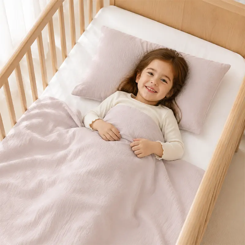 Baby using muslin bedding in infant bed display showing comfortable warmth. Pure cotton with excellent breathability. We provide OEM customization supporting bedding specifications, color customization, and safety standard multi-dimensional customization services.