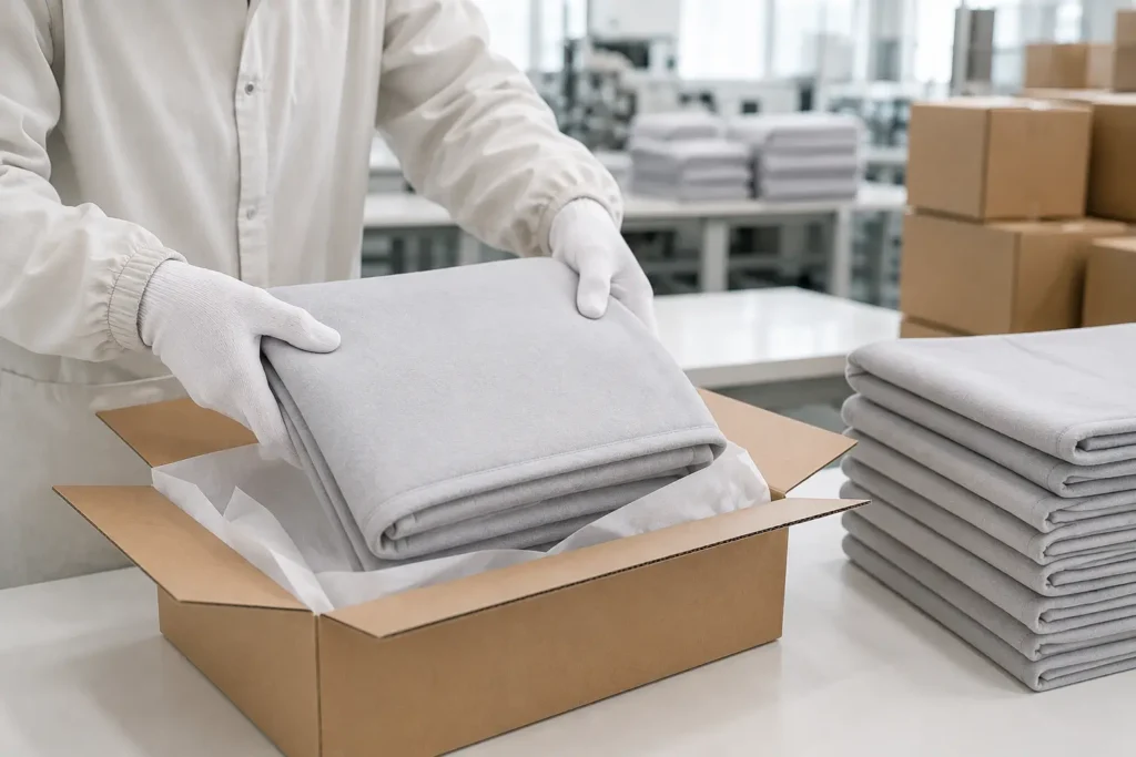 Our dedicated quality control and finishing phase demonstrates meticulous attention to detail in baby blanket manufacturing. Trained technicians in sterile workwear perform comprehensive inspections and precision folding of each blanket before packaging. Our stringent quality assurance process ensures every product meets the highest safety and comfort standards. As a professional OEM/ODM manufacturer, we guarantee excellence throughout the entire production cycle for trusted global brands.