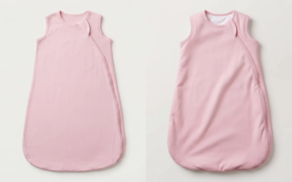 We compare our new 0.5 TOG and 1.0 TOG baby sleep sack samples, showing the same sleeveless shape with different insulation levels, at our Hangzhou, China OEM/ODM factory with 40+ years of experience.