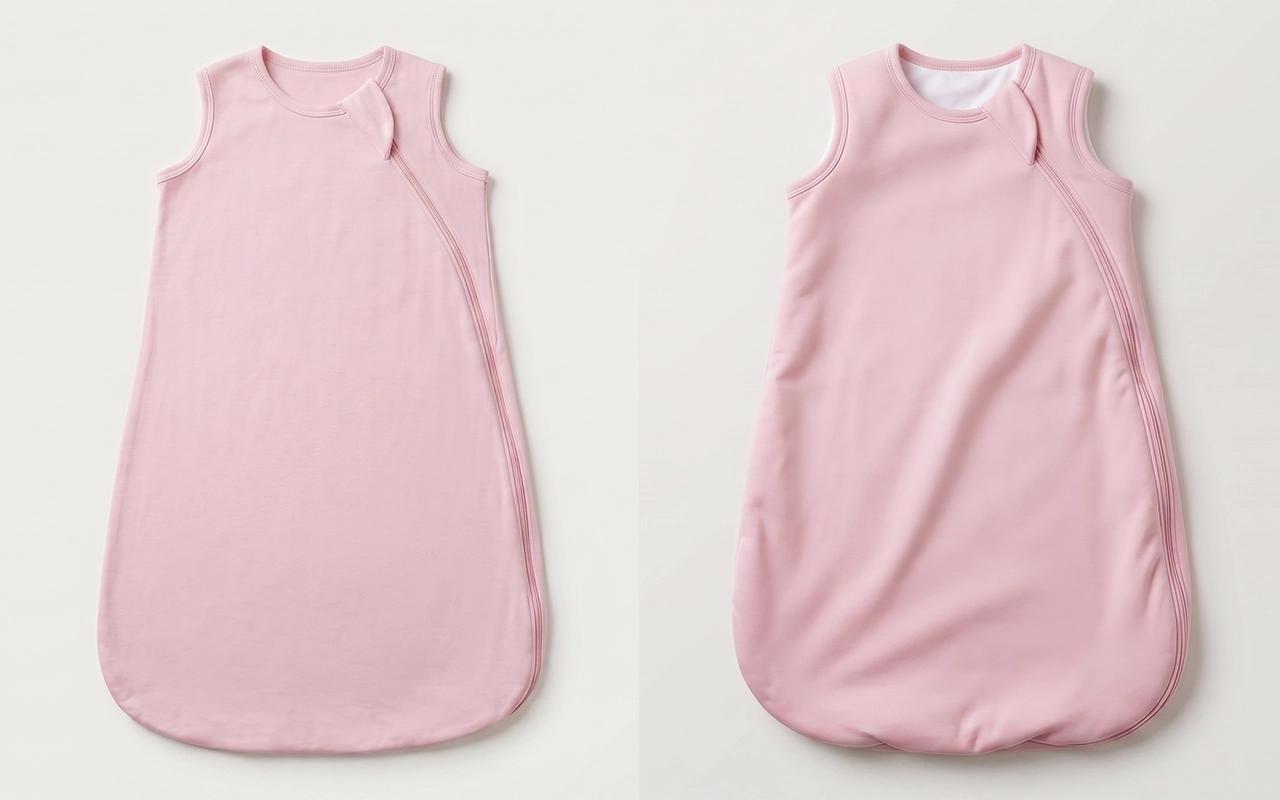 We compare our new 0.5 TOG and 1.0 TOG baby sleep sack samples, showing the same sleeveless shape with different insulation levels, at our Hangzhou, China OEM/ODM factory with 40+ years of experience.