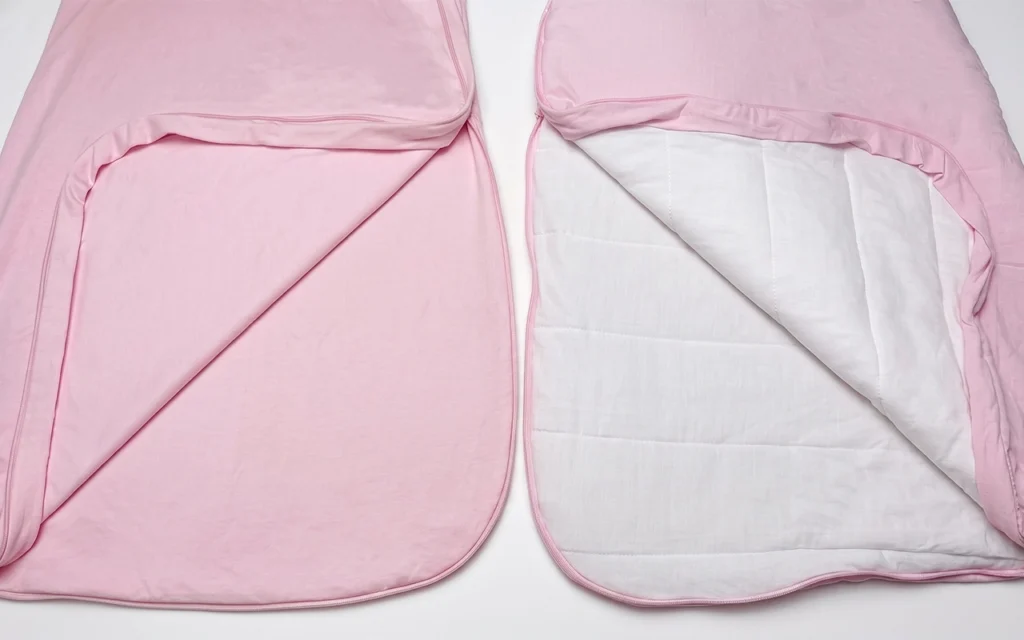 Our 0.5 TOG baby sleep sack offers a lighter construction, while our new 1.0 TOG sample has more insulation, developed at our Hangzhou, China OEM/ODM baby textile factory with 40+ years of experience.