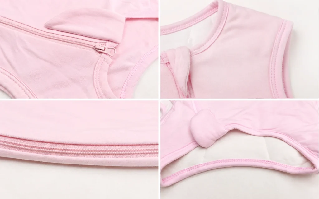 Our baby sleep sack samples feature a long zipper, top zipper guard, bound neckline, finished armholes, and clean stitching from our Hangzhou, China OEM/ODM baby textile factory with 40+ years in B2B.