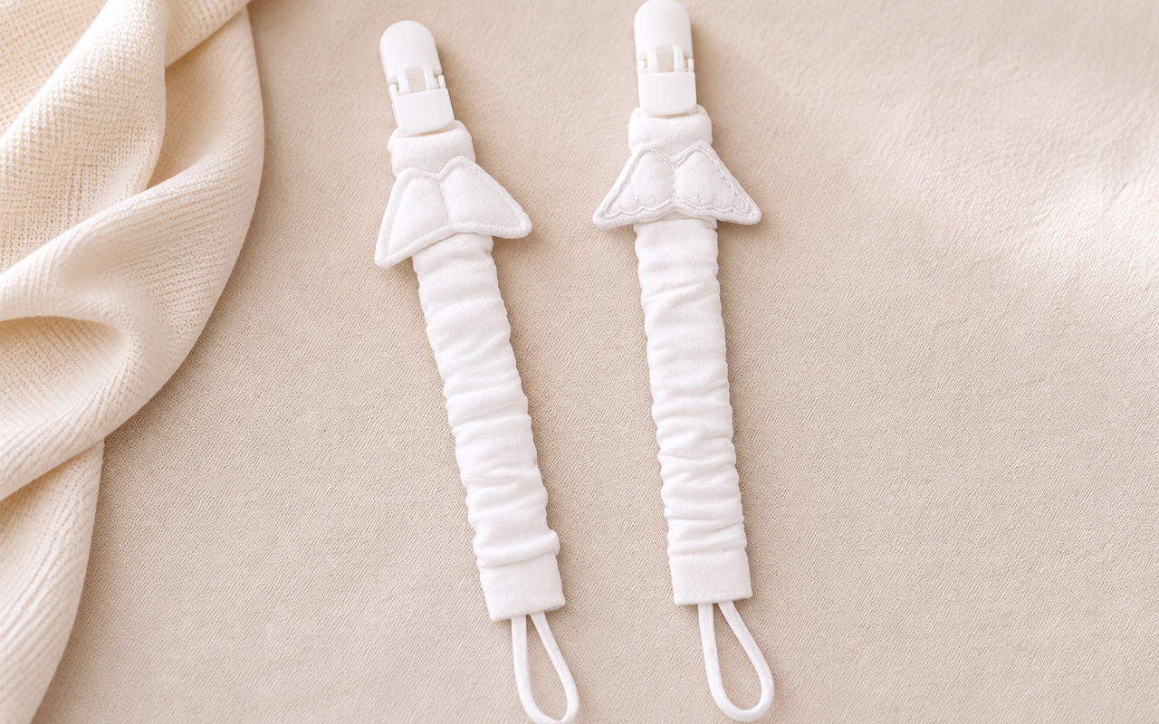 Our custom baby pacifier clips pair PU clips, soft fabric-covered straps, attachment loops, and quilted or embroidered cotton wings at our Hangzhou, China OEM/ODM factory with 40+ years of experience.