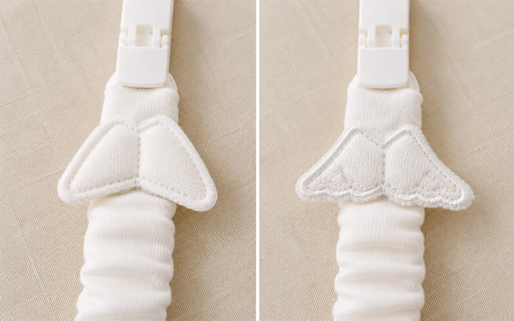 We offer quilted and embroidered 100% cotton knitted wing designs for custom baby pacifier clips at our Hangzhou, China OEM/ODM baby textile factory with 40+ years of manufacturing experience for B2B.