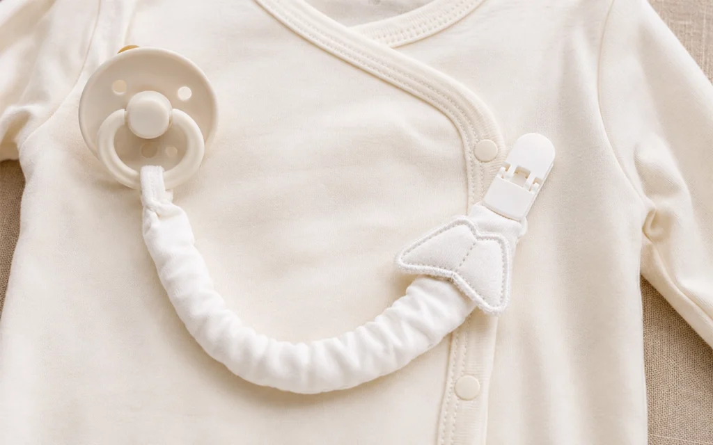 Our baby pacifier clip uses a PU clasp for clothing and a fabric loop for the pacifier, developed at our Hangzhou, China OEM/ODM baby textile factory with 40+ years of manufacturing experience in B2B.