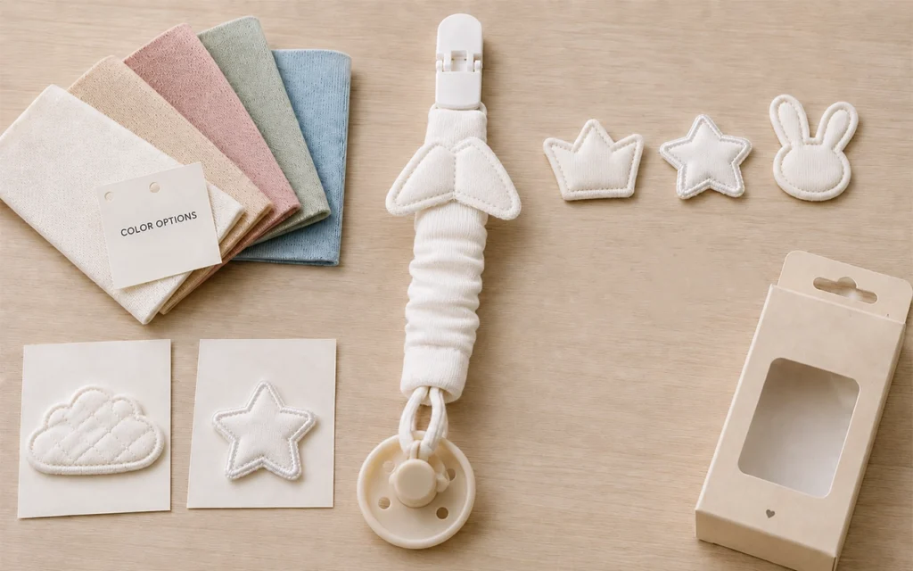 We customize baby pacifier clips with colors, quilted or embroidered motifs, tags, and packaging at our Hangzhou, China OEM/ODM baby textile factory, backed by 40+ years of experience for baby brands.