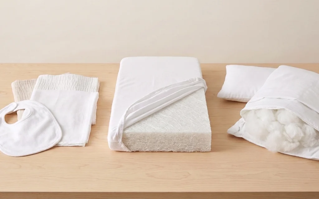 We match fabric, fillings and mattress cores to baby bibs and bedding based on function. Our Hangzhou, China OEM/ODM baby textile factory supports safe material selection with 40+ years of experience.