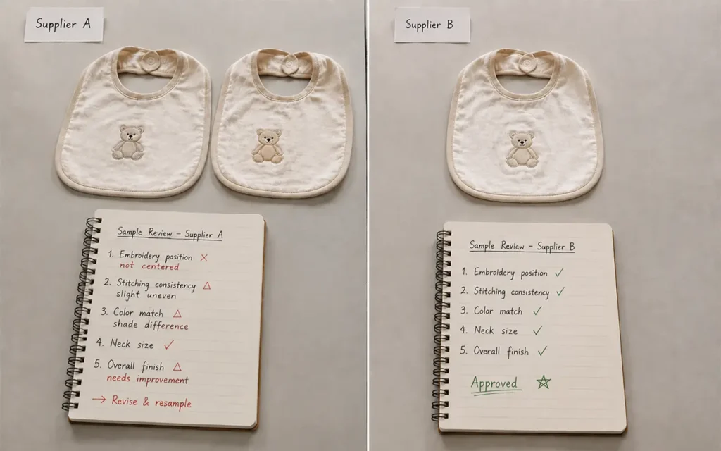 We compare baby bib samples by embroidery placement, stitching, color, neck size and overall finish. Our 40+ years of OEM/ODM experience helps buyers choose a reliable baby textile supplier worldwide.
