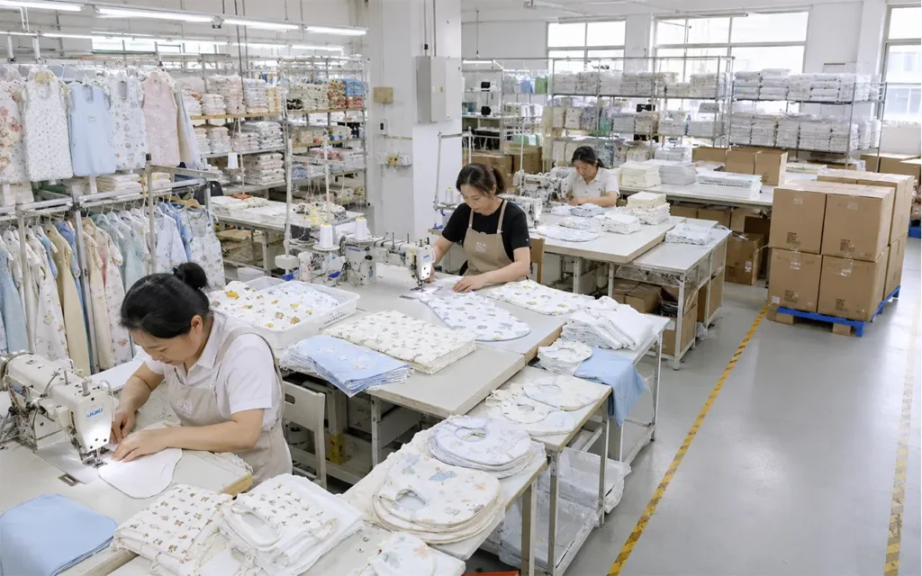 Our Hangzhou, China baby textile factory manages cutting, sewing, finishing, packaging and bulk production for custom baby products. We bring 40+ years of OEM/ODM manufacturing support to baby brands.