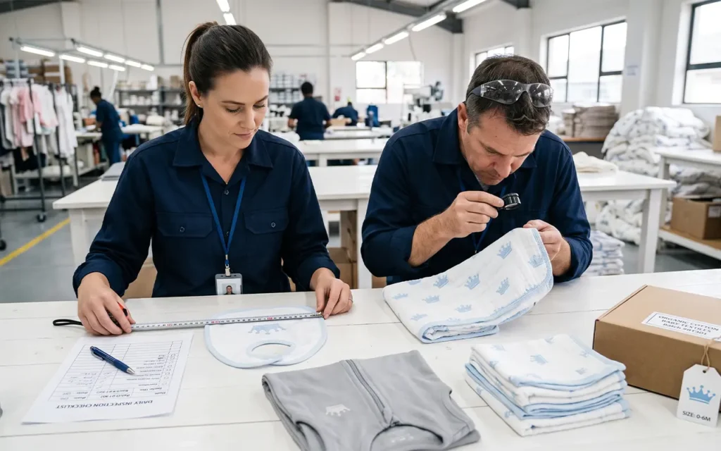 We inspect measurements, stitching, embroidery, fabric and finishing before shipments. Our Hangzhou OEM/ODM baby textile factory draws on 40+ years of experience to provide quality control for brands.