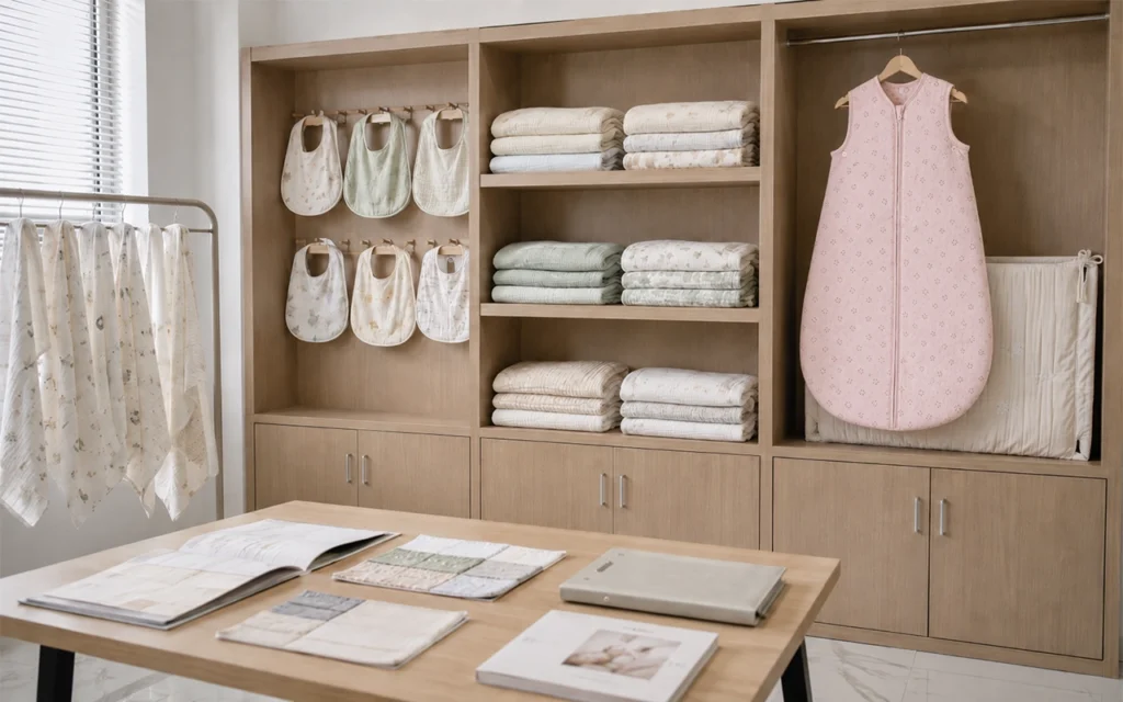 Our baby textile collection includes custom bibs, blankets, sleep sacks and crib bedding for all wholesale buyers. We provide OEM/ODM customization from our China factory with 40+ years of experience.