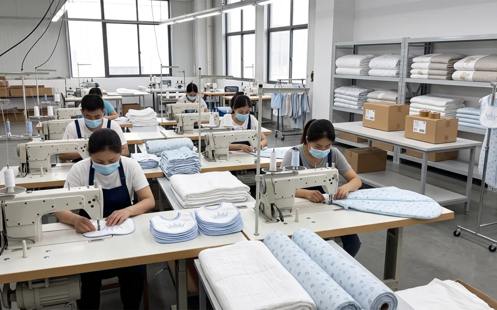 Our in-house team sews custom baby bibs, sleep sacks, blankets, and bedding for large orders. As a China OEM/ODM baby product factory, we offer 40+ years of stable manufacturing experience for brands.