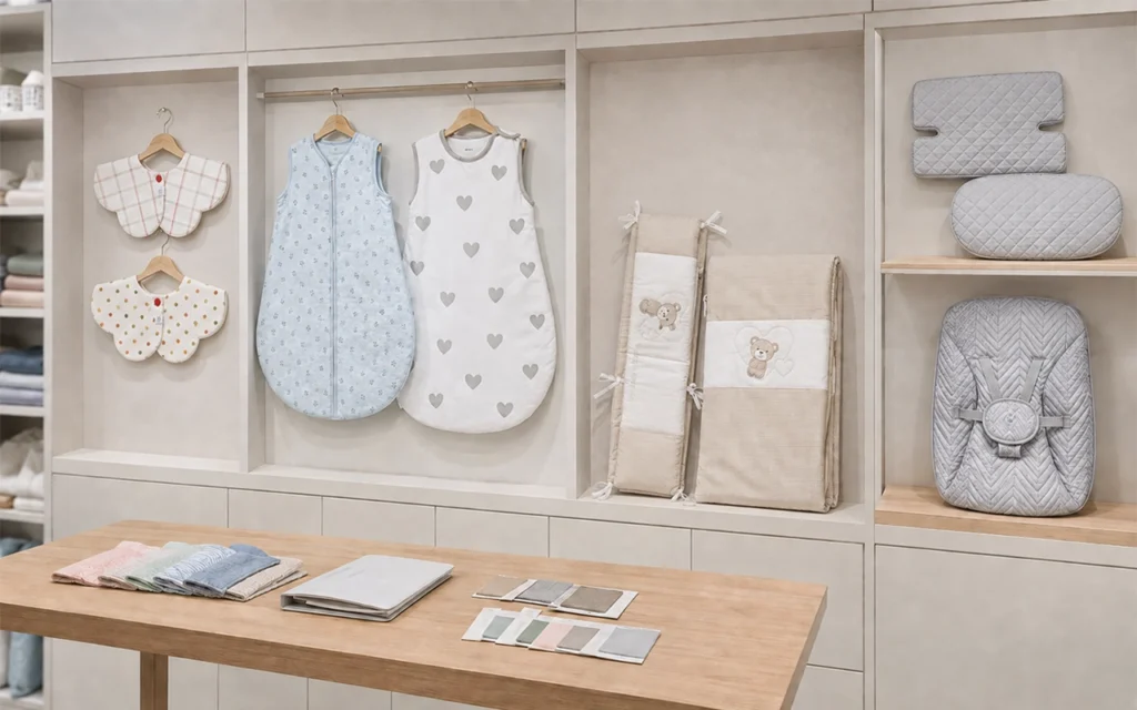 We develop coordinated baby product collections with custom bibs, sleep sacks, crib bedding, seat cushions, fabrics, and colors. Our China OEM/ODM factory offers 40+ years of private label experience.