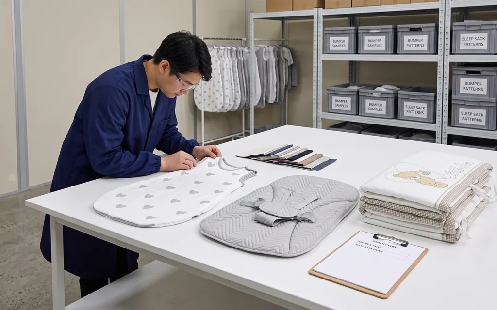 We inspect sizes, stitching, embroidery, fabric, structure, and finishing before production approval. Our China OEM/ODM baby textile factory applies 40+ years of experience to trusted quality control.