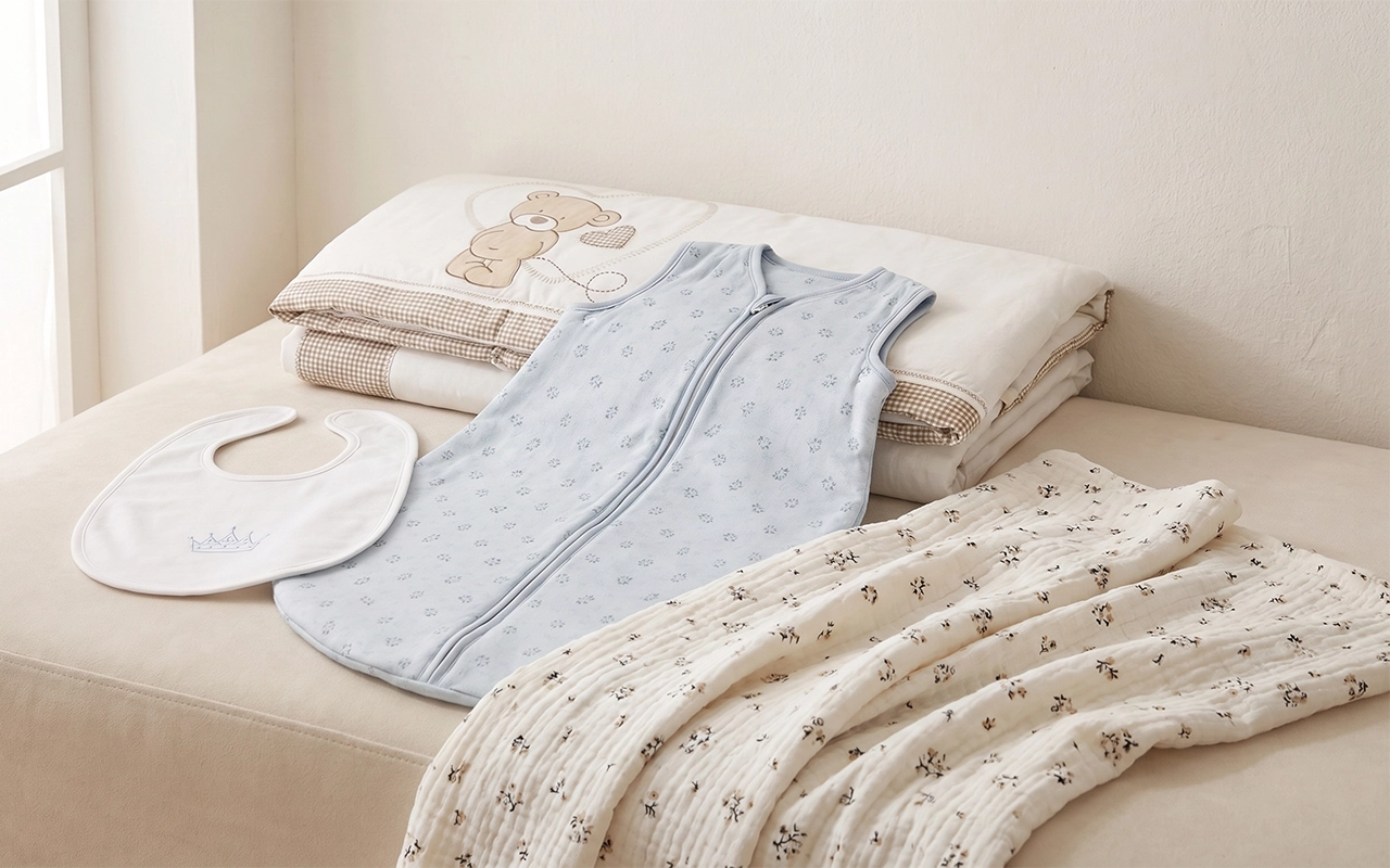 We select cotton and muslin fabric for baby bibs, sleep sacks, blankets and bedding. Our Hangzhou, China OEM/ODM baby textile factory offers B2B custom baby products backed by 40+ years of experience.