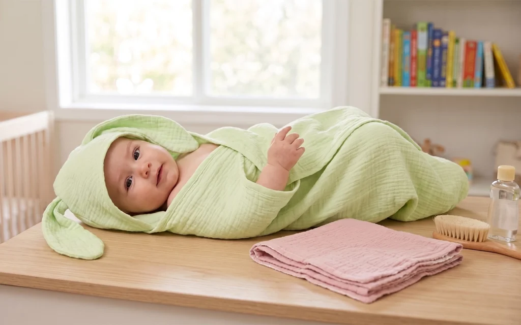We choose soft, absorbent muslin for hooded baby towel and washcloths that support gentle bath care. Our Hangzhou, China OEM/ODM baby textile factory offers customization with 40+ years of experience.