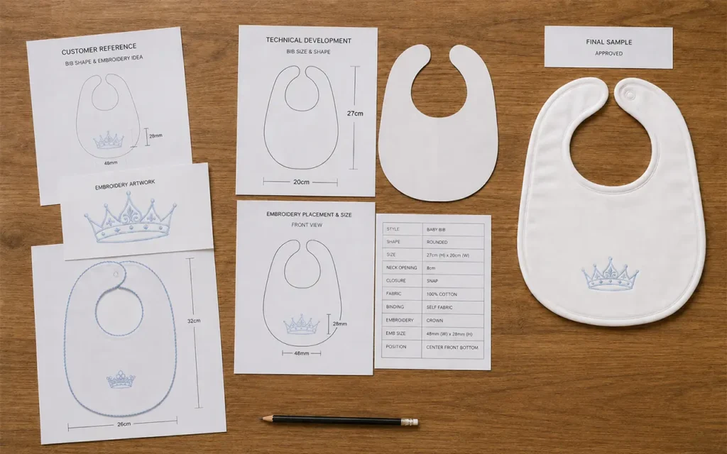 We turn customer artwork and size requirements into custom baby bib samples through full technical development, embroidery placement and approval at our Hangzhou OEM/ODM baby textile factory in China.