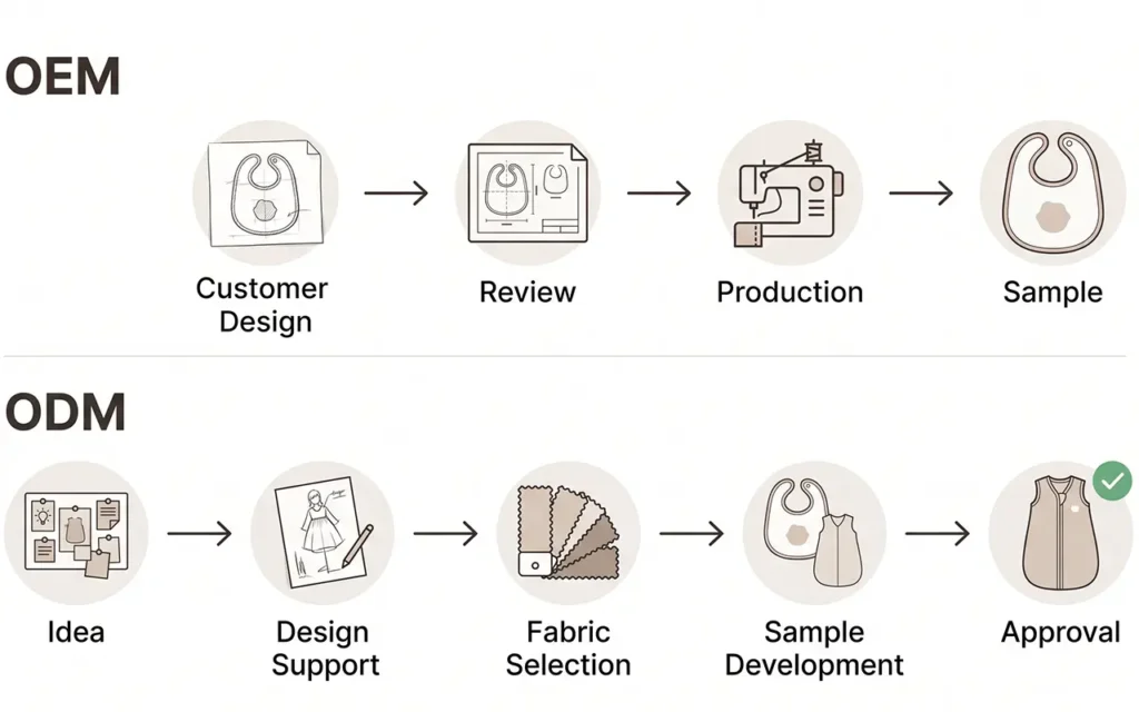 We offer OEM production for complete designs and ODM product development for early ideas, helping baby brands move through review, fabric selection, sampling, and approval at our own Hangzhou factory.