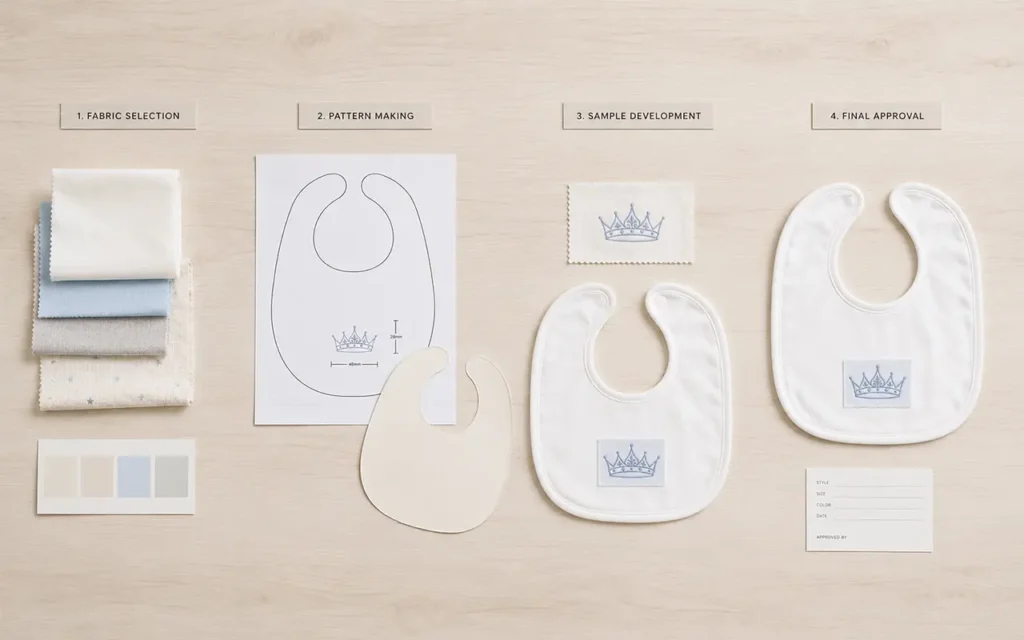 We manage each custom baby bib development from fabric selection and pattern making to sample development and final approval, backed by 40+ years as an OEM ODM baby textile factory in Hangzhou, China.
