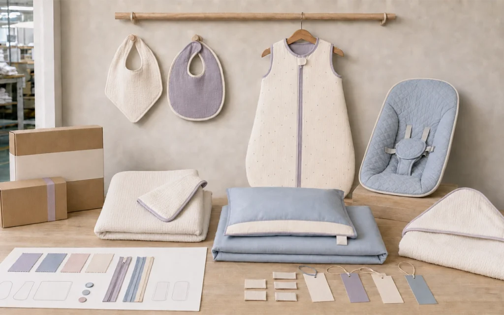 Our private label baby products include bibs, sleep sacks, bedding, pillows and seat inserts. We offer OEM/ODM customization from our Hangzhou, China baby textile factory with 40+ years of experience.