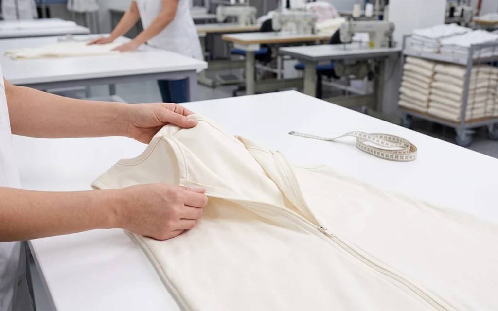 Our inspectors check every baby sleep sack zipper, seam, and binding for smooth operation and clean workmanship at our Hangzhou, China OEM/ODM baby textile factory with 40+ years of experience onsite.