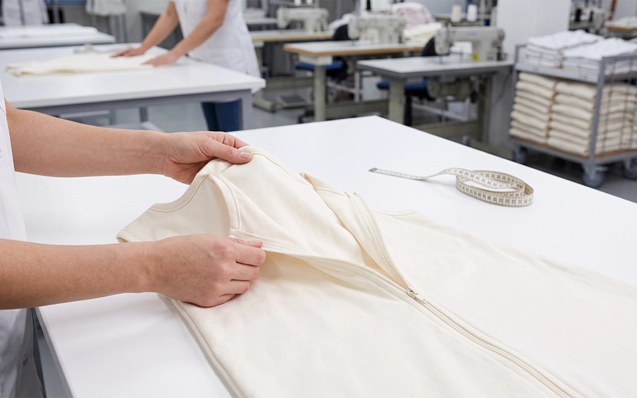 Our inspectors check every baby sleep sack zipper, seam, and binding for smooth operation and clean workmanship at our Hangzhou, China OEM/ODM baby textile factory with 40+ years of experience onsite.