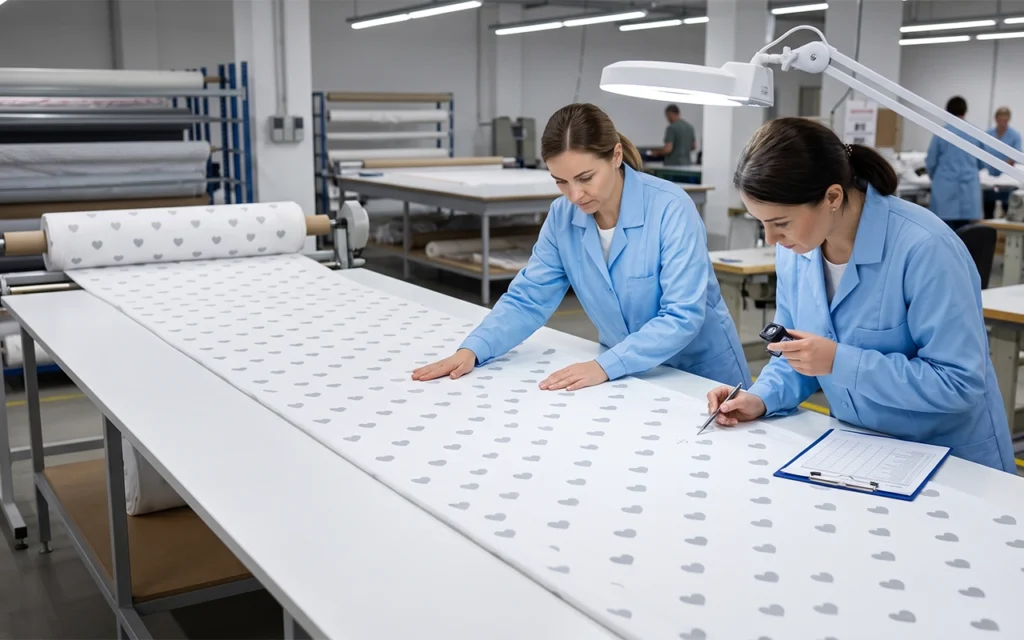 Our fabric inspection checks print alignment, color consistency, hand feel, and visible defects before cutting at our Hangzhou, China OEM/ODM baby textile factory with 40+ years of experience on site.