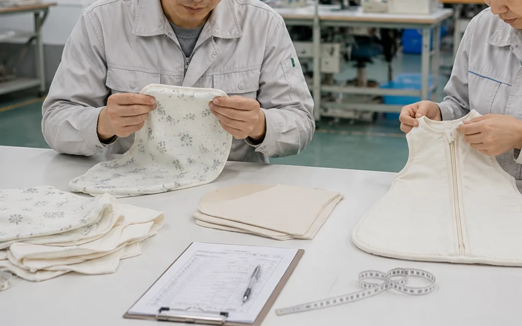 Our in-house inspectors examine baby bibs and sleep sacks for fabric quality, edge finishing, seams, and zippers at our Hangzhou, China OEM/ODM baby textile factory, backed by 40+ years of experience.