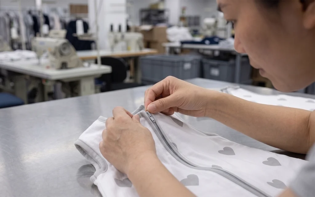 Our QC team inspects every baby sleep sack zipper for alignment, smooth movement, secure stitching, and neat finishing at our Hangzhou, China OEM/ODM baby textile factory with 40+ years of experience.