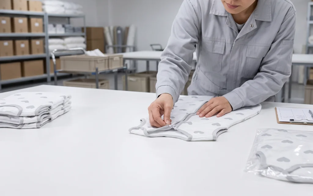 Our strict final inspection checks custom baby sleep sacks for size, appearance, zippers, seams, labels, and packaging at our Hangzhou, China OEM/ODM baby textile factory with 40+ years of experience.