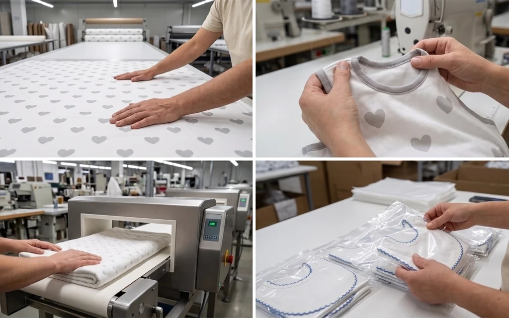 Our quality control covers fabric inspection, workmanship checks, needle detection, and packaging for B2B private label baby products at our Hangzhou, China OEM/ODM plant with 40+ years of experience.