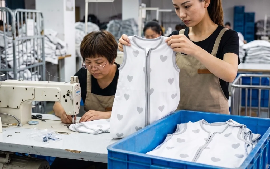 Our QC team inspects every finished custom baby sleep sack near the sewing line to keep B2B bulk production consistent at our Hangzhou, China OEM/ODM baby textile factory with 40+ years of experience.