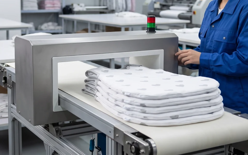 We run finished baby sleep sacks through needle detection before shipment at our Hangzhou, China OEM/ODM baby textile factory, combining modern quality control with 40+ years of experience for brands.