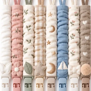 Our product view highlights quilted cotton, gathered texture, clean stitching, printed florals, checks, and decorative appliques across coordinated pacifier clip designs. Inorange Baby offers OEM/ODM.