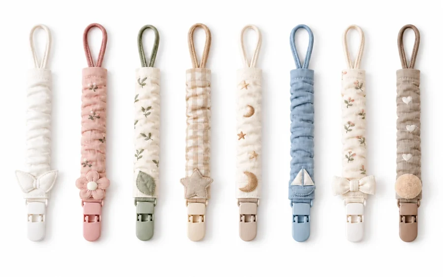 Our cotton pacifier clip range pairs soft 100% cotton straps with attachment loops, PU plastic clips and decorative bows, flowers, leaves, stars, moons, boats, or hearts. Inorange Baby offers OEM/ODM.